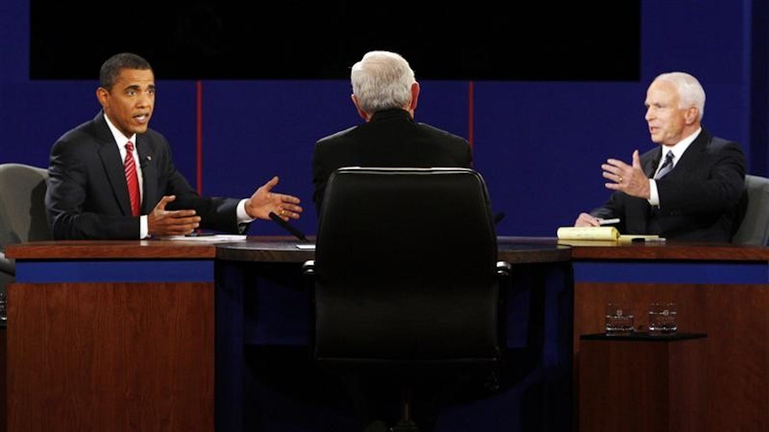Democratic presidential candidate Sen. Barack Obama, D-Ill., and Republican presidential candidate Sen. John McCain, R-Ariz., trade responses during a presidential debate on Wednesday at Hofstra University in Hempstead, N.Y.