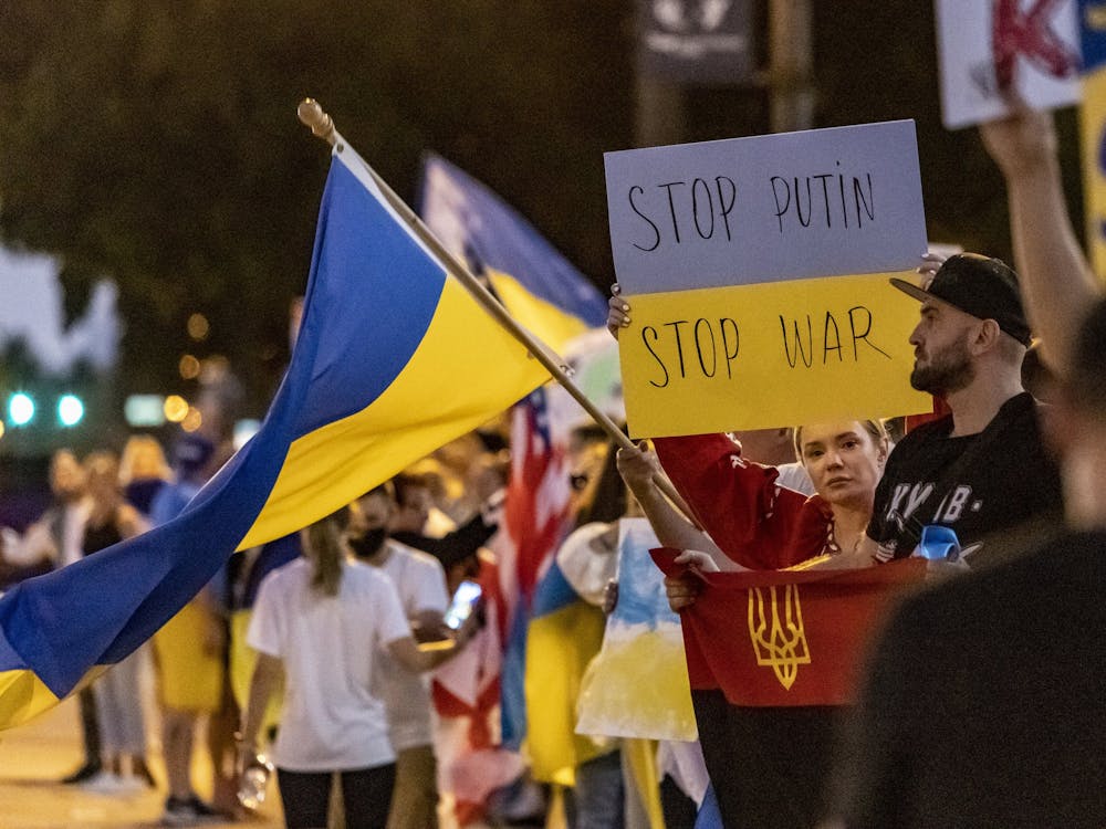 Members of the Ukrainian and Russian communities in South Florida gather in front of Hallandale Beach City Hall in support of Ukraine after Russian forces invaded the country earlier in the day, Feb. 24, 2022, in Hallandale Beach, Florida. IU lecturer Svitlana Melnyk said Ukraine is a sovereign, democratic country with the right to choose its own government and values.