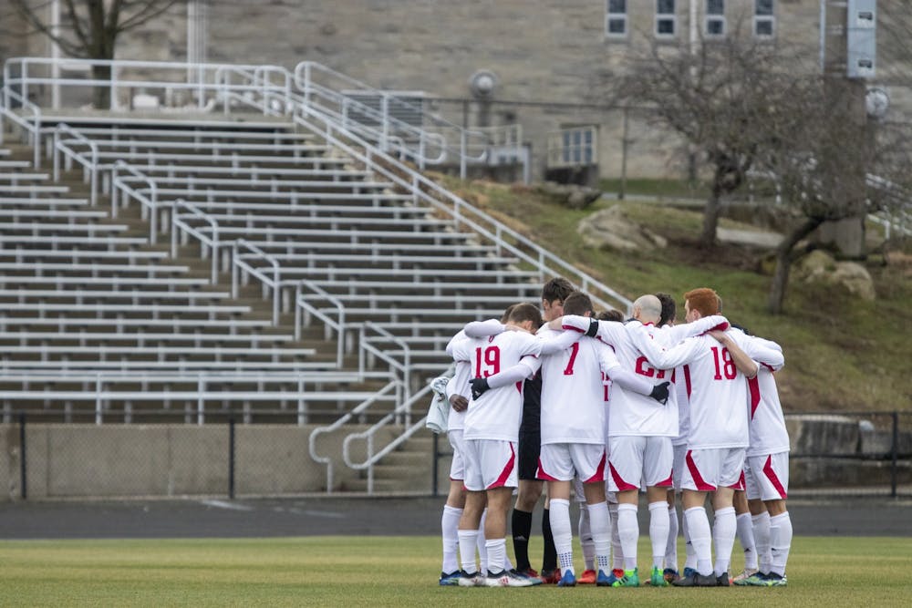 <p>IU men&#x27;s soccer&#x27;s starters gather in a huddle March 15 at Bill Armstrong Stadium. IU fell 1-0 to Marshall University in overtime of the NCAA Championship on Monday in Cary, North Carolina.</p>
