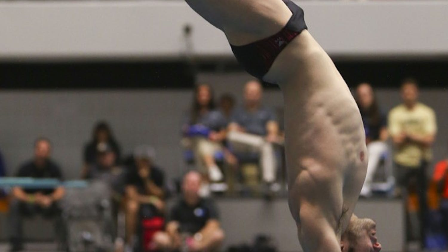 Junior Michael Hixon performs a back 2.5 somersault pike at the IUPUI natatorium on Friday, March 24, 2017 at the NCAA Swimming and Diving Championships. Hixon placed 5th in the men's 1-meter dive and 6th in the 3-meter synchro at the 2017 FINA World Championships in Budapest, Hungary.