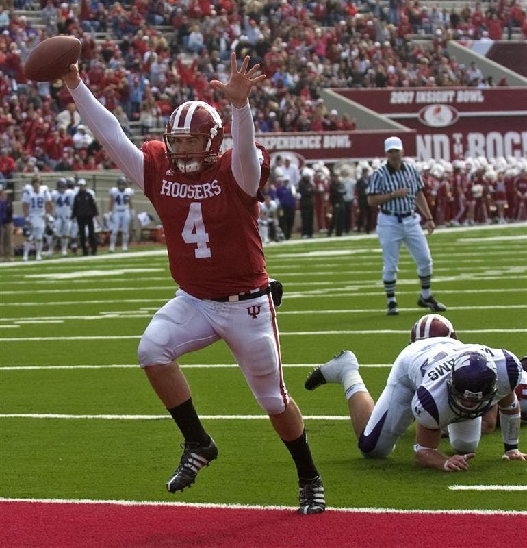 Sophomore quarterback Ben Chappell runs for a touchdown against Northwestern Saturday at Memorial Stadium.  The Hoosiers defeated the Wildcats 21-19, ending a five game losing streak.