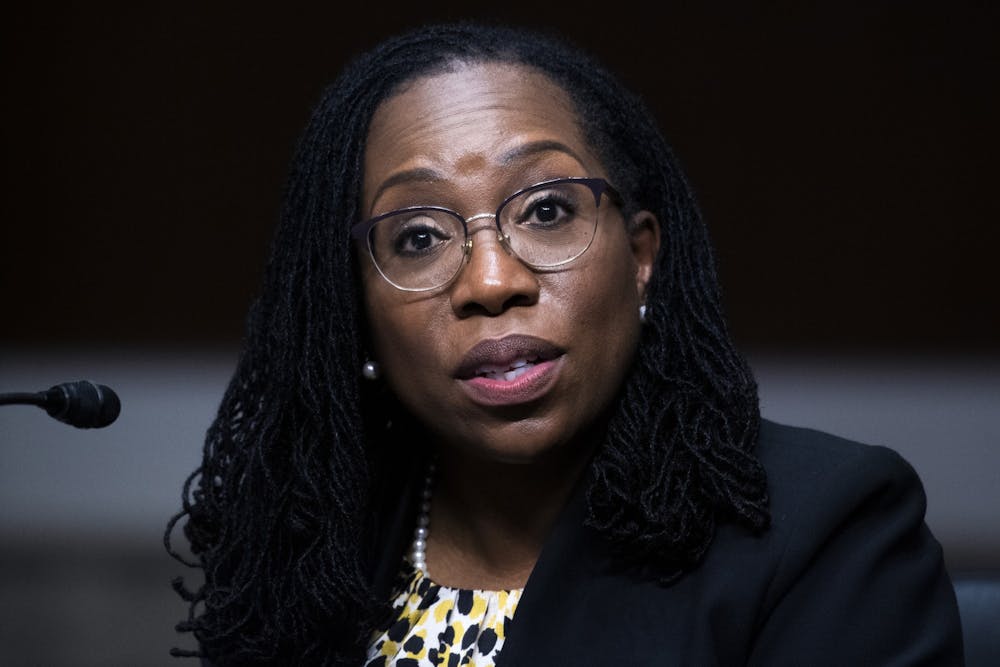 <p>Ketanji Brown Jackson testifies during her Senate Judiciary Committee confirmation hearing for judge on the United States Court of Appeals for the District of Columbia Circuit in the Dirksen Senate Office Building on April 28, 2021, in Washington.</p>