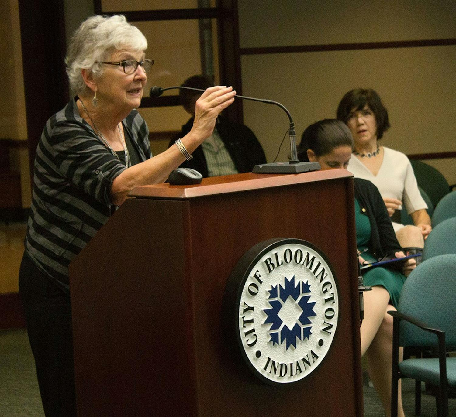 Charlotte Zietlow, the founder of the Bloomington Commission on the Status of Women, speaks on their 40th anniversary Wednesday at Bloomington City Hall. Zietlow called for continued equality and improvement in economic development in Bloomington. 