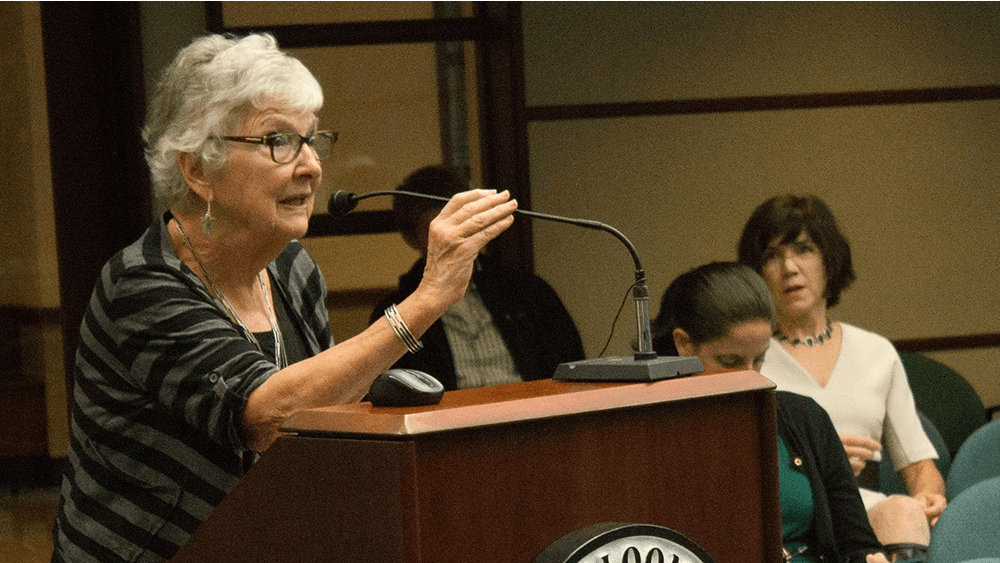 Charlotte Zietlow, the founder of the Bloomington Commission on the Status of Women, speaks on their 40th anniversary Wednesday at Bloomington City Hall. Zietlow called for continued equality and improvement in economic development in Bloomington. 