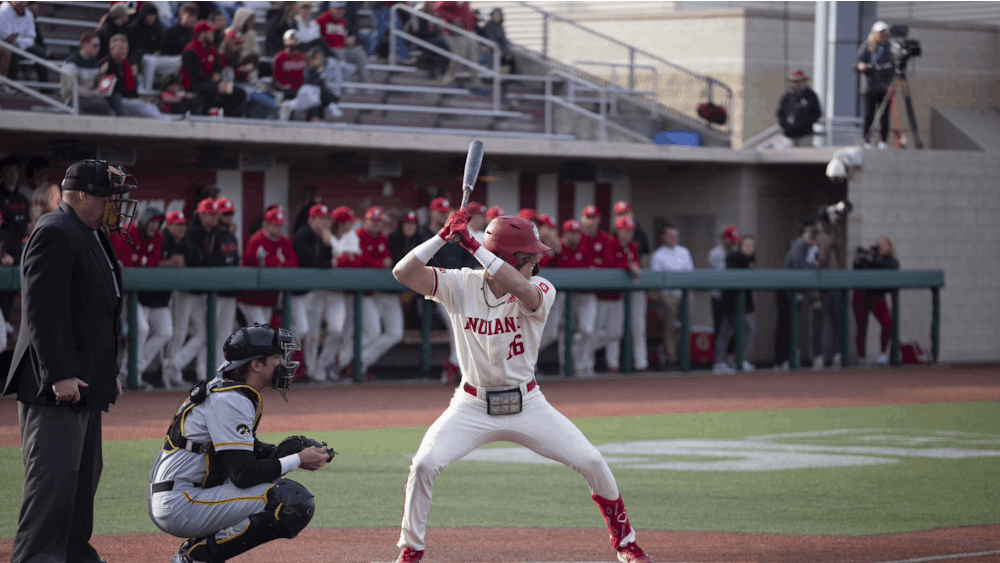 Redshirt junior Bobby Whalen is up to bat April 7, 2023, at Bart Kaufman Field in Bloomington. Indiana baseball will play Michigan State to end the regular season from Thursday to Saturday. 