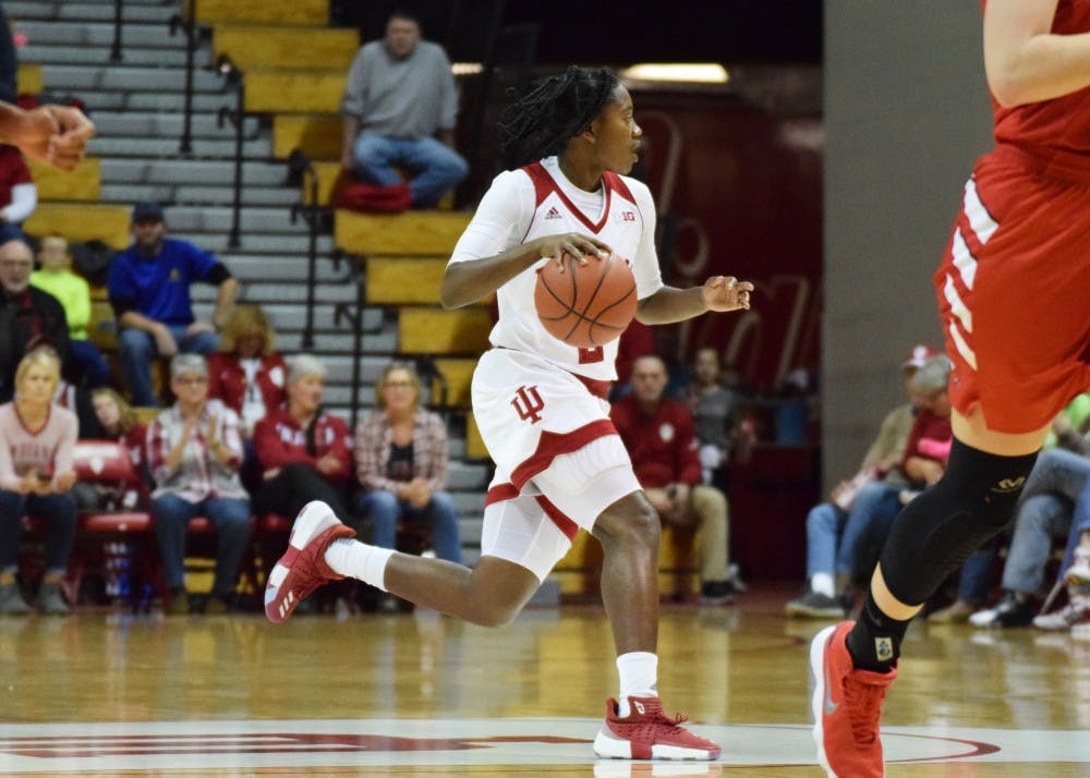 Freshman guard Keyanna Warthen dribbles the ball while waiting for an opportunity to pass at the game against Western Kentucky on Nov. 17 at Simon Skjodt Assembly Hall. IU went 1-1 this past weekend at a tournament in California.&nbsp;