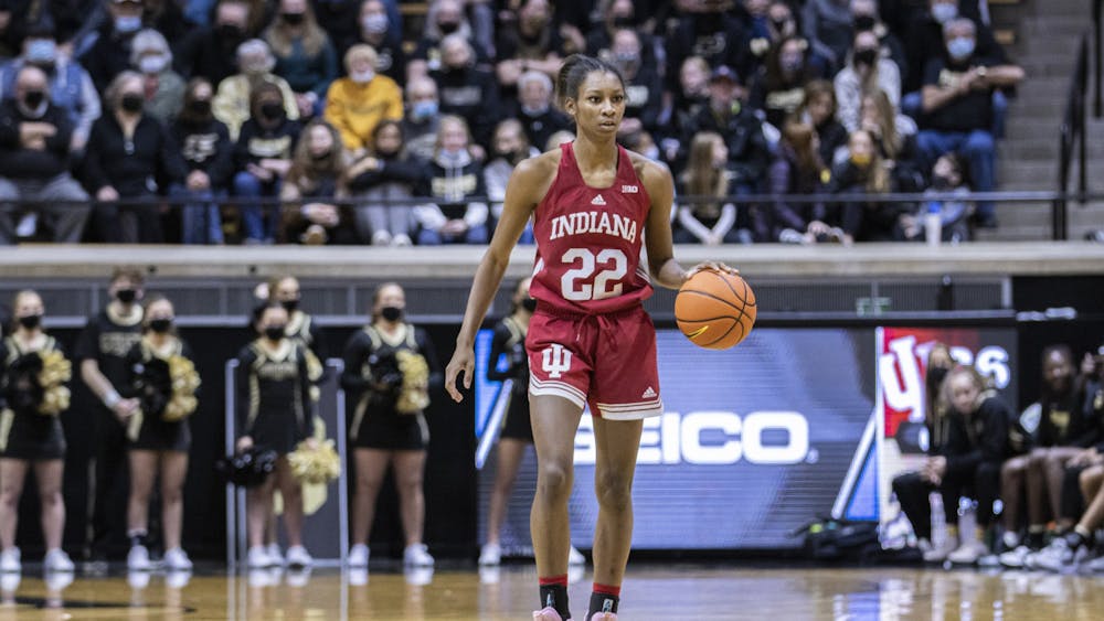 Then-sophomore guard Chloe Moore-McNeil dribbles the ball up the court during the game against Purdue on Jan. 16, 2022, at Mackey Arena in West Lafayette, Indiana. Indiana won 93-37 against UMass Lowell.