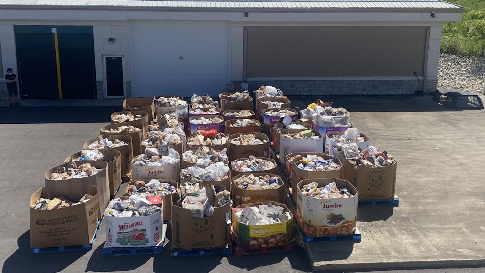 Food collected from the &quot;Stamp Out Hunger&quot; food drive sits outside May 14. The National Association of Letter Carriers hosted its Stamp Out Hunger food drive with Hoosier Hills Food Bank from May 14-20.