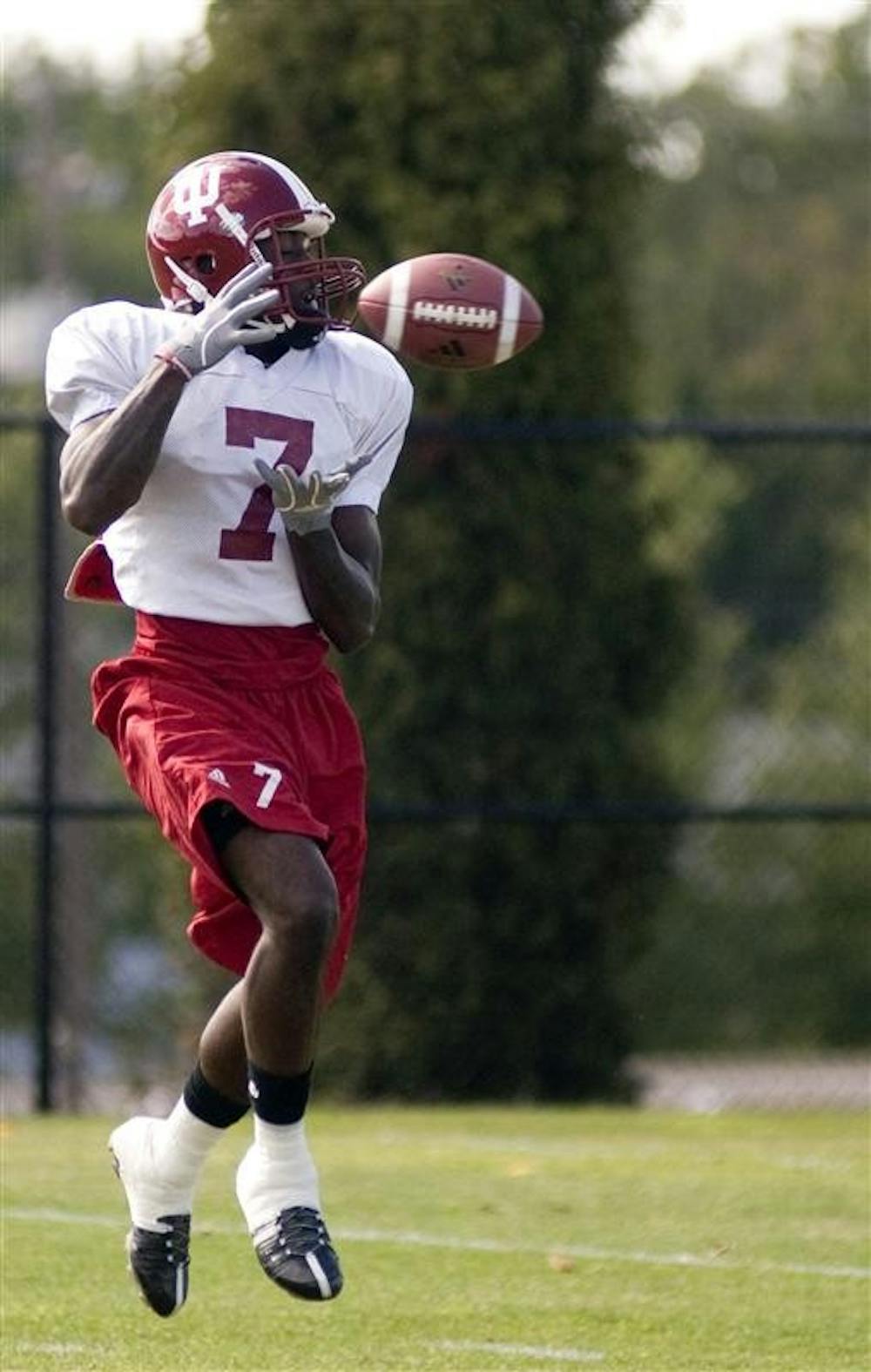 IU wide receiver Ray Fisher makes a catch during a practice on Sept. 8 on the football practice field near the Mellencamp Pavilion.