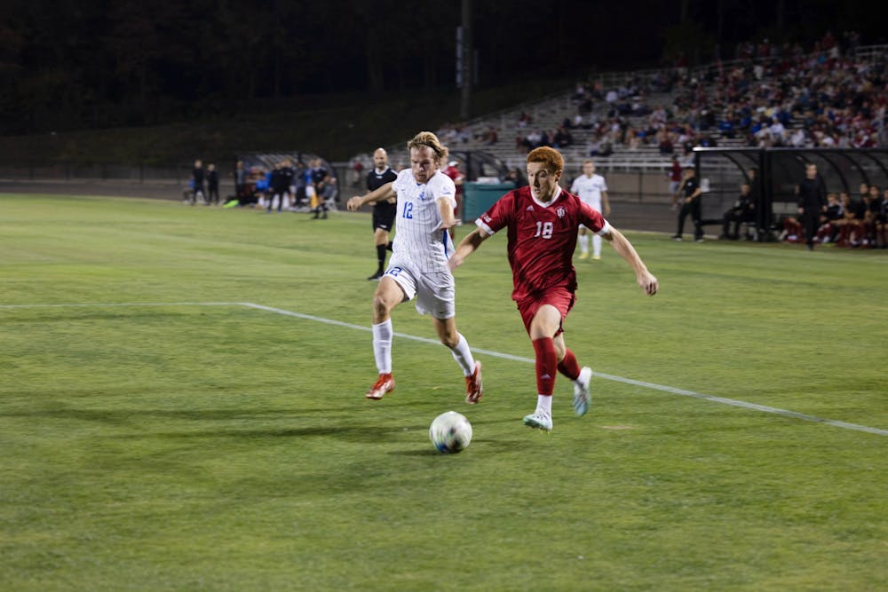 <p>Red-shirted Senior Forward Ryan Wittenbrink moves the ball forward against University of Kentucky at Bill Armstrong Stadium on October 22nd. Indiana defeated Penn State 1-0 in the Big Ten Tournament quarterfinals.</p>