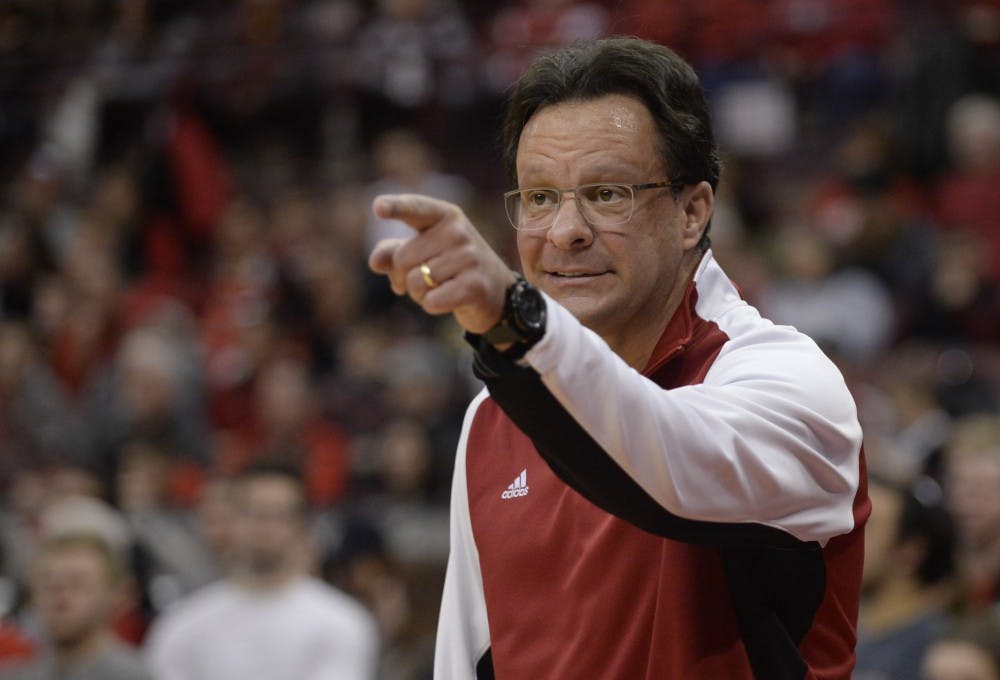 Head coach Tom Crean calls out a play to his players during IU's game against Ohio State on Sunday at Value City Arena at the Jerome Schottenstein Center.