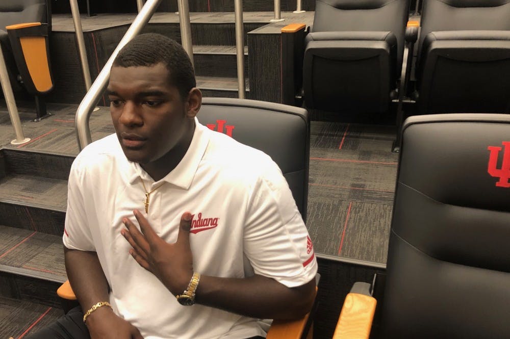 <p>Freshman Matthew Bedford talks to the media July 10 inside Memorial Stadium. Bedford said he hopes to become a vital piece on IU&#x27;s offensive line.</p>