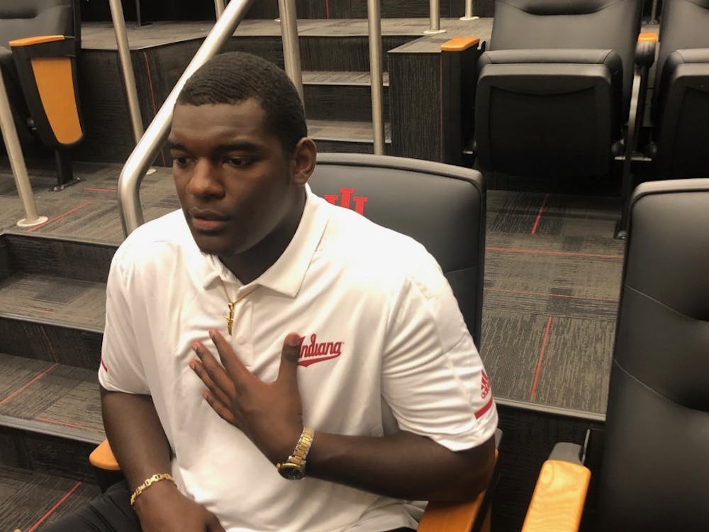 Freshman Matthew Bedford talks to the media July 10 inside Memorial Stadium. Bedford said he hopes to become a vital piece on IU&#x27;s offensive line.