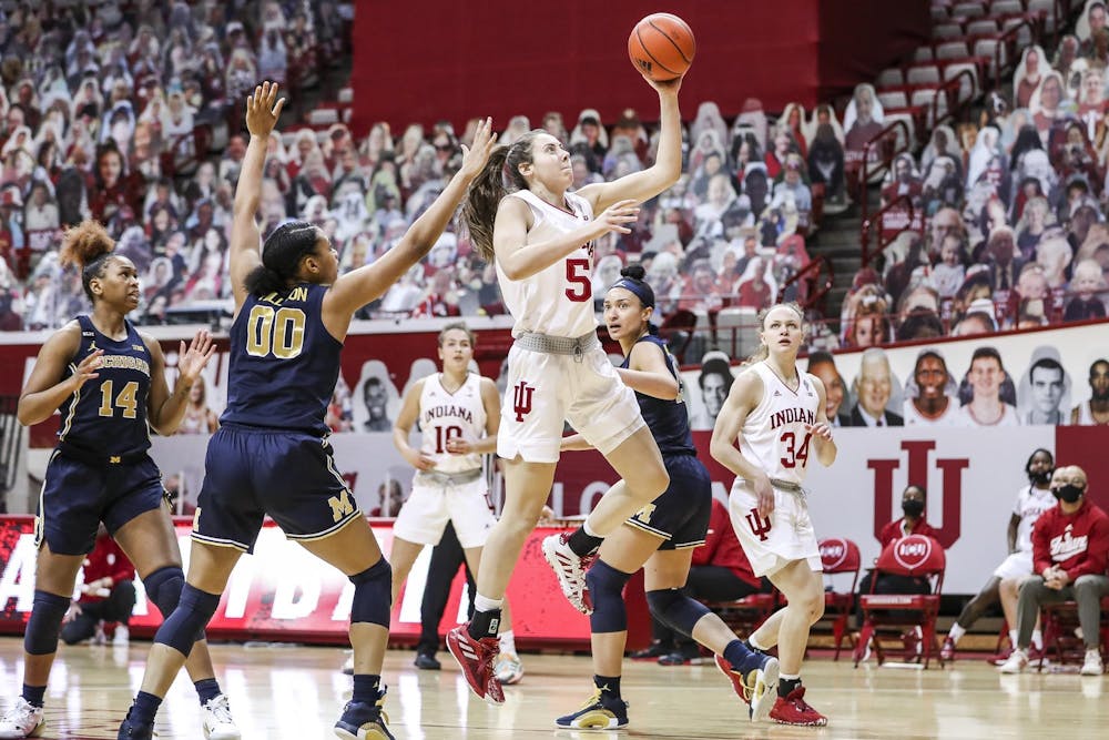 Then-sophomore forward Mackenzie Holmes goes for a shot Feb. 18, 2021, at Simon Skjodt Assembly Hall. Holmes scored 30 points against Ohio State on Dec. 12 in Columbus, Ohio. 