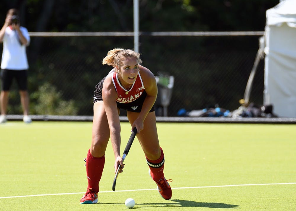<p>Senior defender Elle Hempt surveys the field against Miami (Ohio) on Sept. 23 at the IU Field Hockey Complex. IU finished its regular season schedule with a 4-0 loss Friday at Penn State.</p>