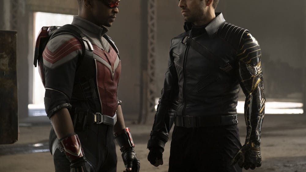Anthony Mackie, as Sam Wilson, and Sebastian Stan, as James "Bucky" Barnes, perform in Marvel's "The Falcon and the Winter Soldier." The television miniseries is available on Disney+.