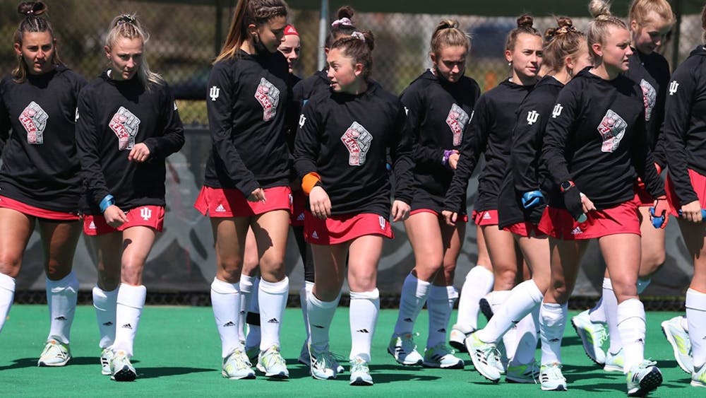 <p>The field hockey team walks on the field before the match against Michigan on Saturday in Ann Arbor, Michigan. The Hoosiers won against Michigan State 3-2 on Thursday and lost to Michigan 3-0 on Saturday.</p>