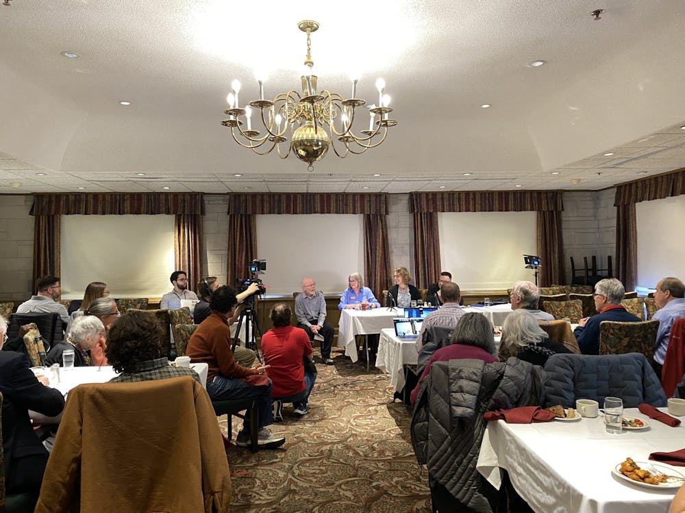  Susan Sandberg, Kerry Thomson and Don Griffin speak at a candidate forum on March 22, 2023, inside Indiana Memorial Union. The candidates discussed annexation, transparency and their priorities for mayor. 