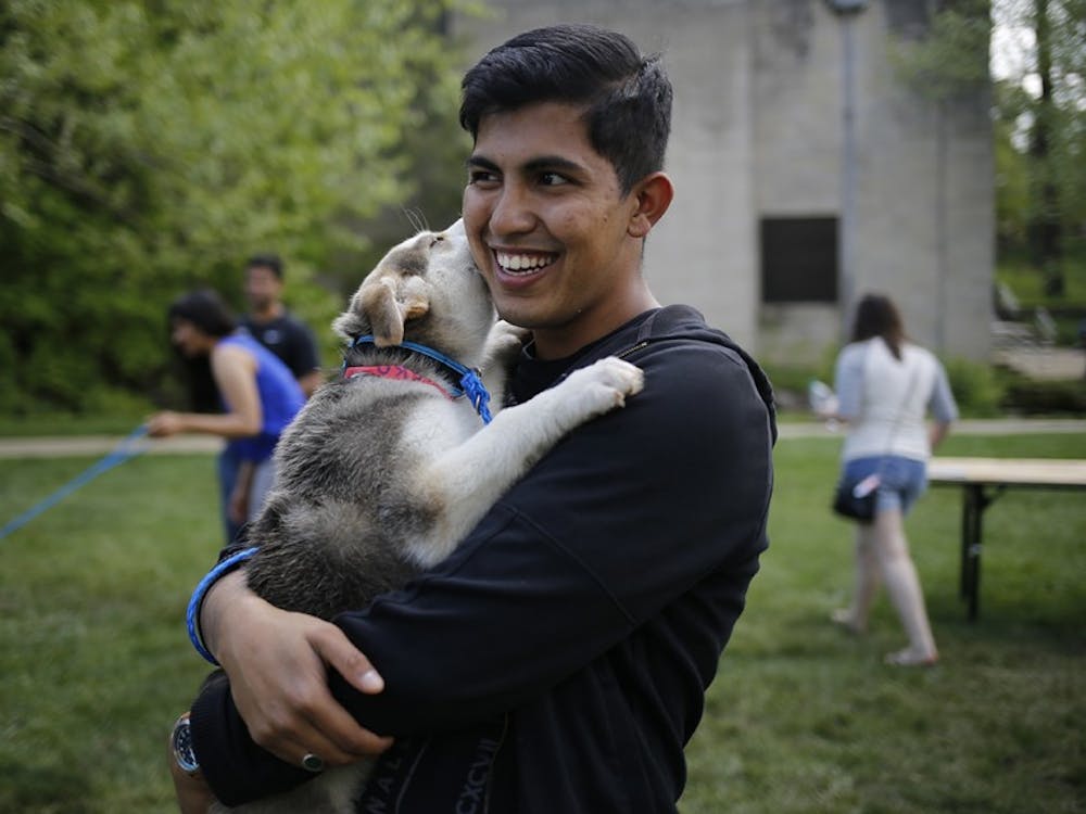 Nikhil Bharadwaj,  volunteer at the City of Bloomington Animal Shelter, holds his recently adopted puppy, Isco, during the Rent-A-Puppy event Thursday, April 28 at Dunn Meadow. The City of Bloomington Animal Shelter will be holding an event throughout the month of October, Adopt-A-Dog, that will reduce the adoption fees for all dogs during October. 