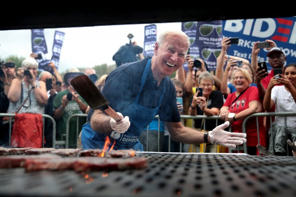 Democratic presidential candidate former Vice President Joe Biden works the grill at the Polk County Democrats&#x27; Steak Fry Sept. 21 in Des Moines, Iowa. 