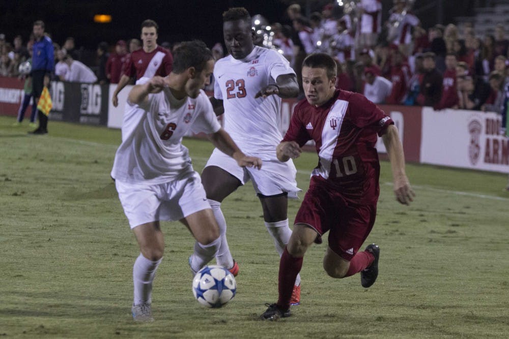 Tanner Thompson moves to pass a defender during the second half of game play against Ohio state on Oct. 10, 2015 at Jerry Yeagley Field. The Hoosiers lost 1-0 in overtime.
