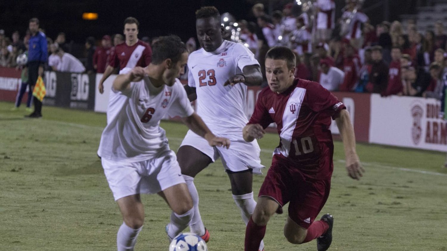 Tanner Thompson moves to pass a defender during the second half of game play against Ohio state on Oct. 10, 2015 at Jerry Yeagley Field. The Hoosiers lost 1-0 in overtime.