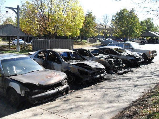 A car fire just after midnight Tuesday night spread to four other vehicles at the Woodbridge Apartment complex. The Bloomington Police Department is still investigating the incident. 