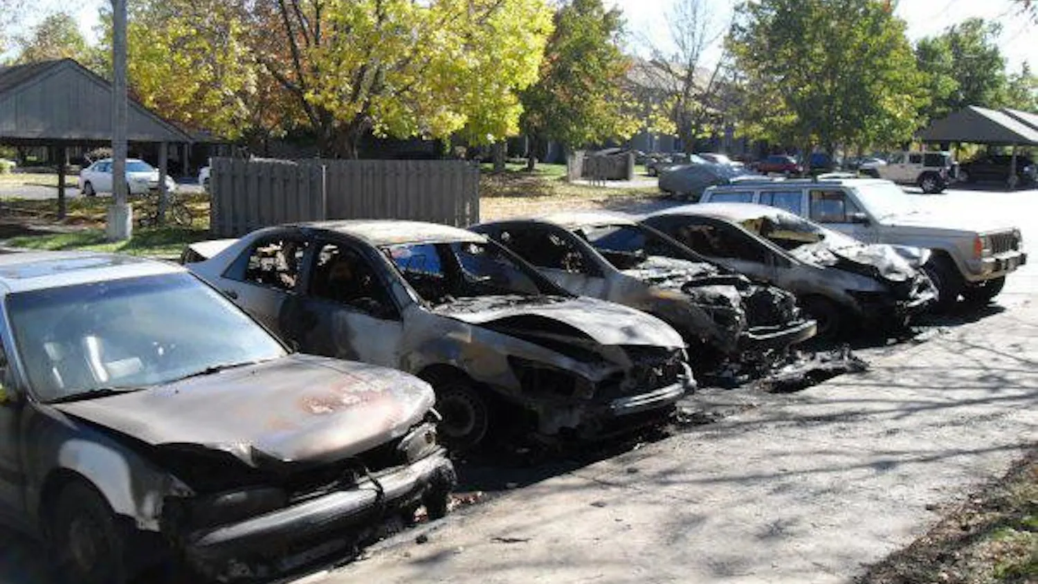 A car fire just after midnight Tuesday night spread to four other vehicles at the Woodbridge Apartment complex. The Bloomington Police Department is still investigating the incident.