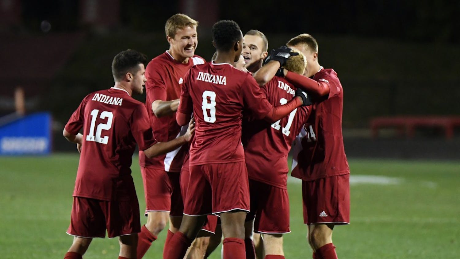 IU celebrates after junior midfielder Cory Thomas scores a goal in the first half against New Hampshire in the third round of the NCAA tournament at Bill Armstrong Stadium. IU defeated New Hampshire, 2-1, to advance to the quarterfinals of the NCAA tournament against Michigan State.