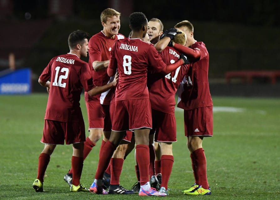 IU celebrates after junior midfielder Cory Thomas scores a goal in the first half against New Hampshire in the third round of the NCAA tournament at Bill Armstrong Stadium. IU defeated New Hampshire, 2-1, to advance to the quarterfinals of the NCAA tournament against Michigan State.