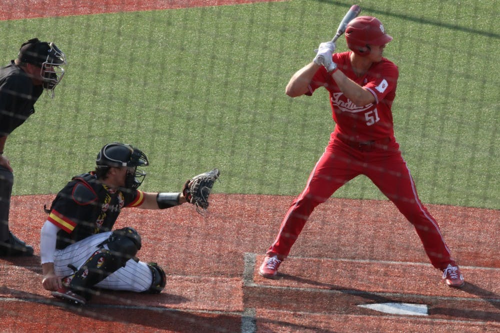 <p>Senior outfielder Logan Sowers stands at the plate during IU's 13-3 win over Maryland Saturday at Bart Kaufman Field. Saturday's game marked senior day for the Hoosiers.</p>