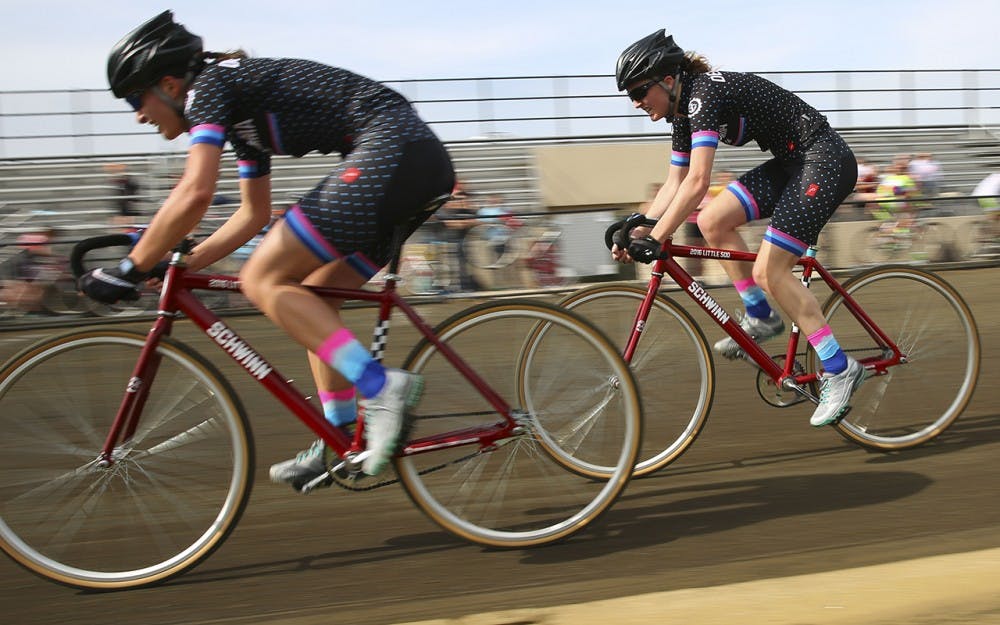 Delta Gamma competes in Team Pursuit, the final event of the 2017 Spring Race Series.  DG faced off against Theta at Bill Armstrong Stadium Sunday. 
