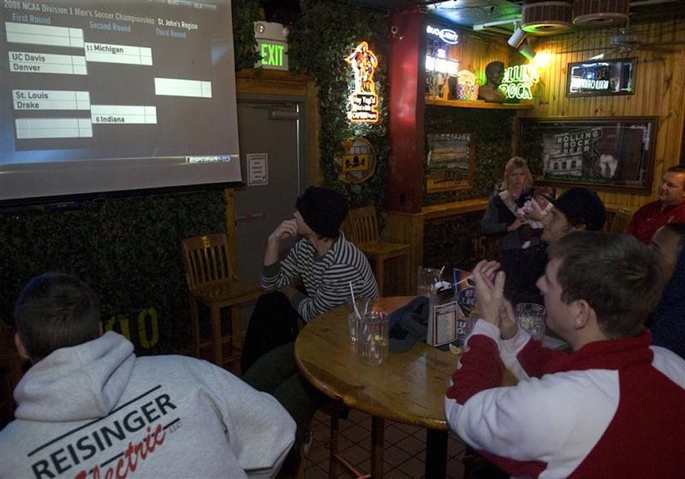 Members of the Men's Soccer team watch ESPNEWS announce their seeding for the 2008 NCAA Division I Tournament on Monday night at Yogi's Bar and Grill. Indiana will play the winner of St. Louis-Drake game on Nov. 25 at Bill Armstrong Stadium.