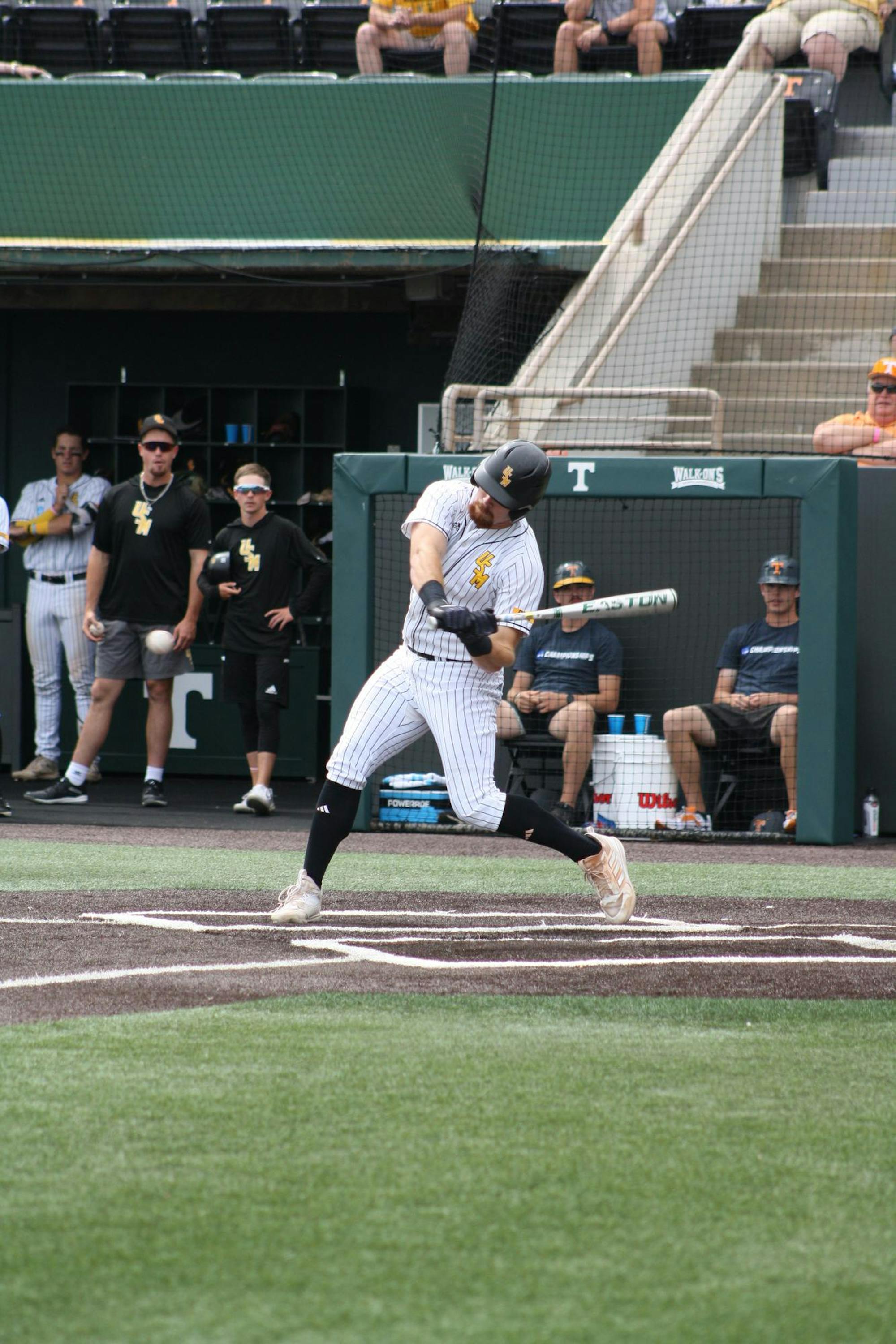 University of Southern Mississippi outfielder Slade Wilks swings at a pitch versus Indiana in the Knoxville Regional on May 31. Wilks went 2-for-5 in the Golden Eagles' 10-4 loss.