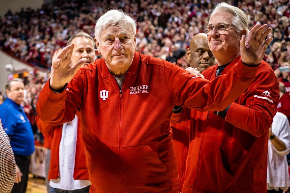 <p>Former IU men&#x27;s basketball coach Bob Knight waves at fans Feb. 8, 2020, at Simon Skjodt Assembly Hall. Knight was hospitalized March 31, 2023.</p>