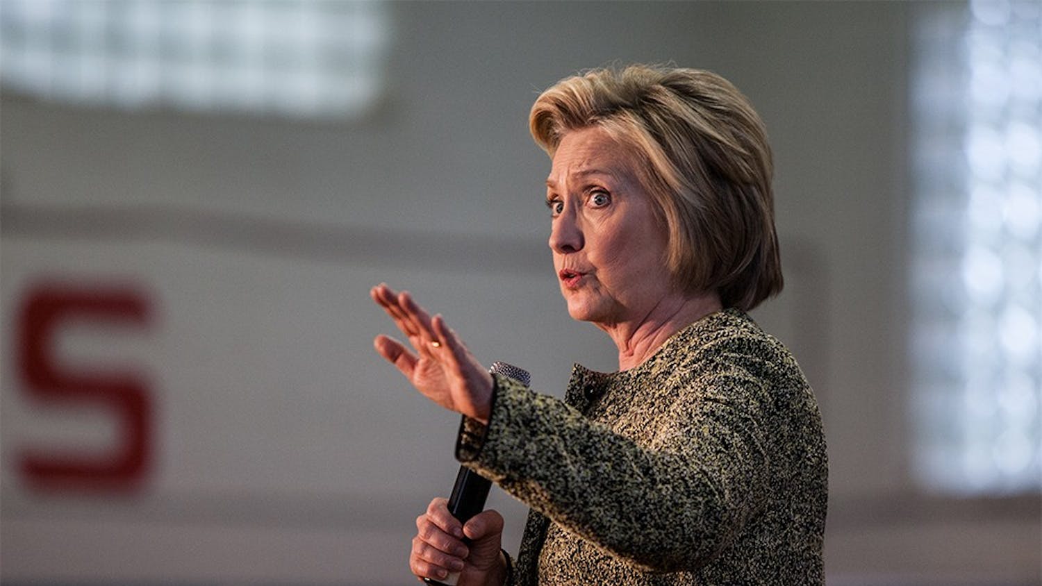 Presidential candidate Hillary Clinton speaks at the Douglass Park Gymnasium in Indianapolis on Sunday ahead of the May 3 Primary Elections in Indiana. Clinton spoke about a slew of topics including healthcare, foreign policy and drug addiction.
