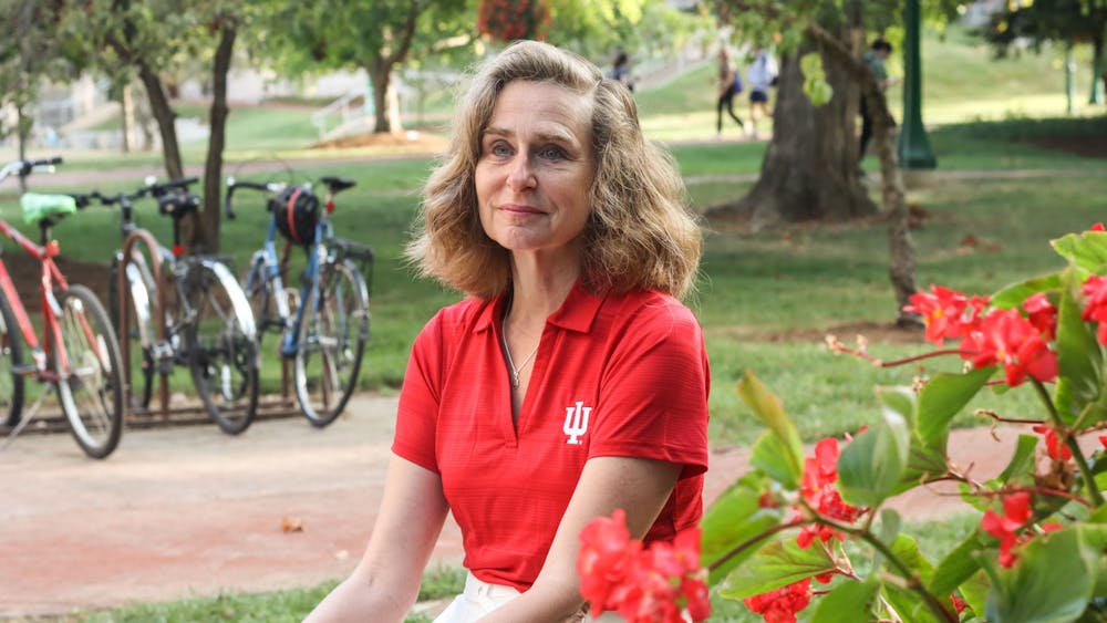 IU President Pamela Whitten sits Aug. 27, 2021, outside of Bryan Hall. Whitten said that connecting with students is one of her main priorities as president. 