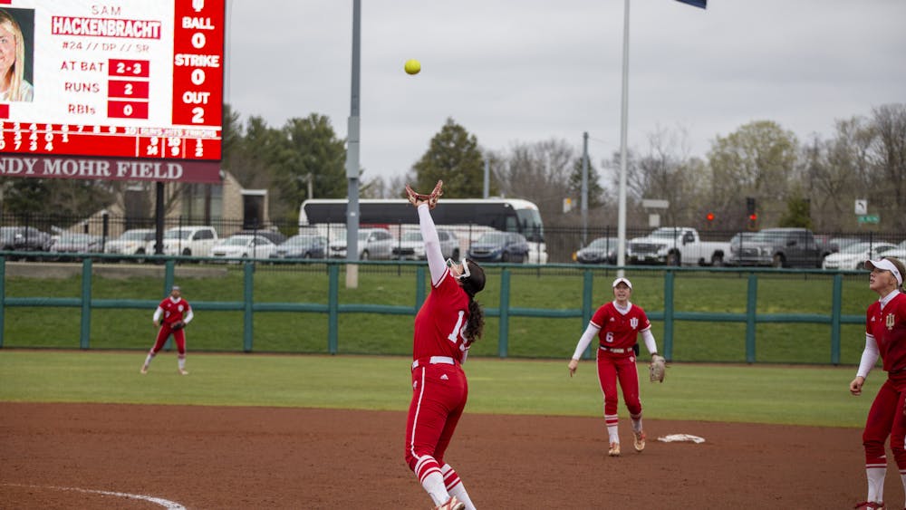Sophomore Sarah Stone looks to catch a pop fly April 1, 2023, at Andy Mohr Field. Indiana softball was swept by Nebraska over the weekend.