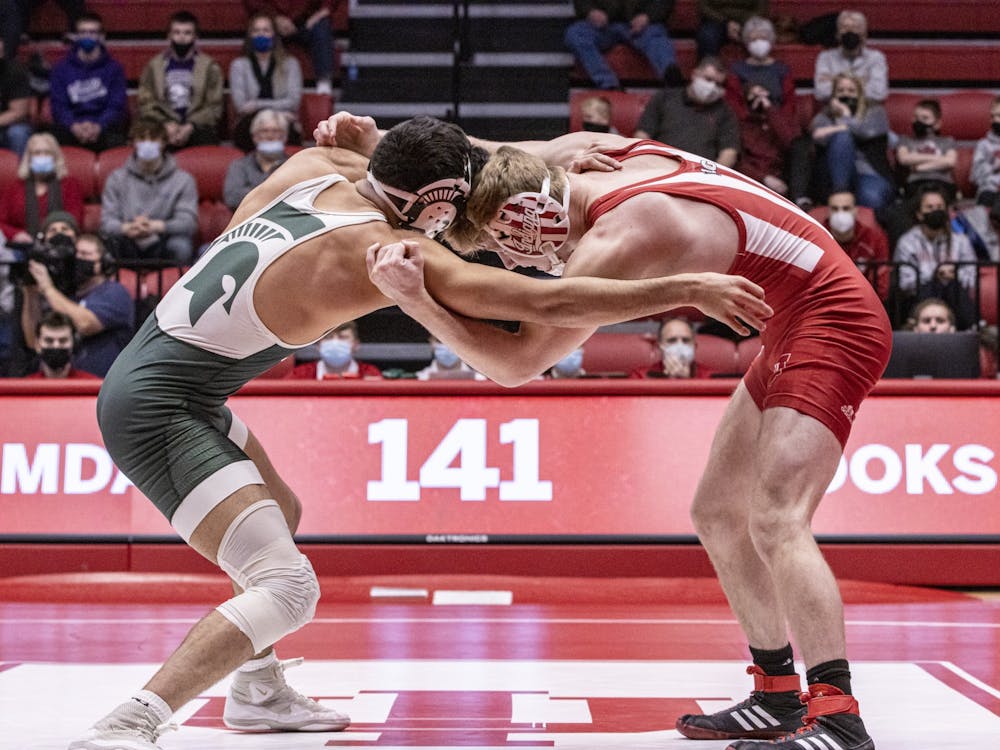 Indiana junior Cayden Rooks faces off against Michigan State redshirt sophomore Jordan Hamdan on Jan. 17, 2022, at Wilkinson Hall. Indiana lost to Michigan State 17-15.