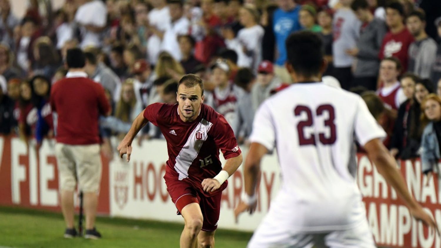 Then-junior defender Andrew Gutman runs toward the Santa Clara goal on Sept. 30, 2017, at Bill Armstrong Stadium. Gutman was one of two IU players to play the full 90 minutes against North Carolina on Sunday.&nbsp;