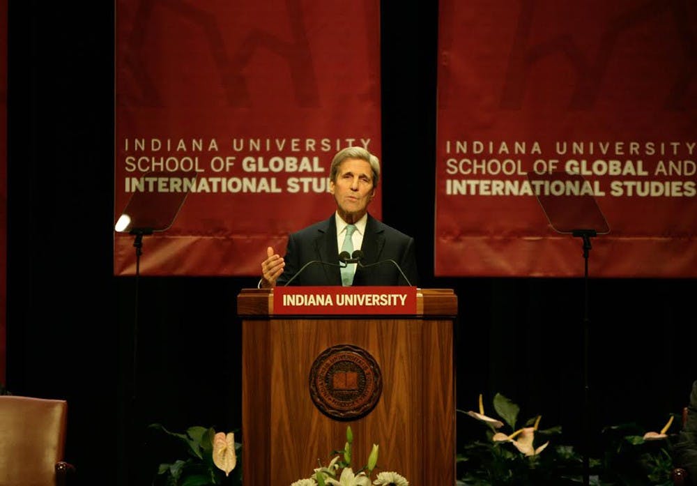 Secretary of State John Kerry speaks about global conflicts and what the Obama administration has done to combat enemies such as ISIS and Iran in the past two years. Kerry went on to talk about climate change and other topics on Thursday at the Indiana University Auditorium. 