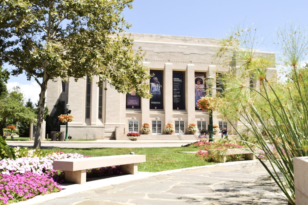 <p>The IU Auditorium is seen Aug. 12, 2023, surrounded by the trees in the Arts Plaza. Some changes have been made to campus over the summer, including updated dining halls and renovated restrooms.</p>