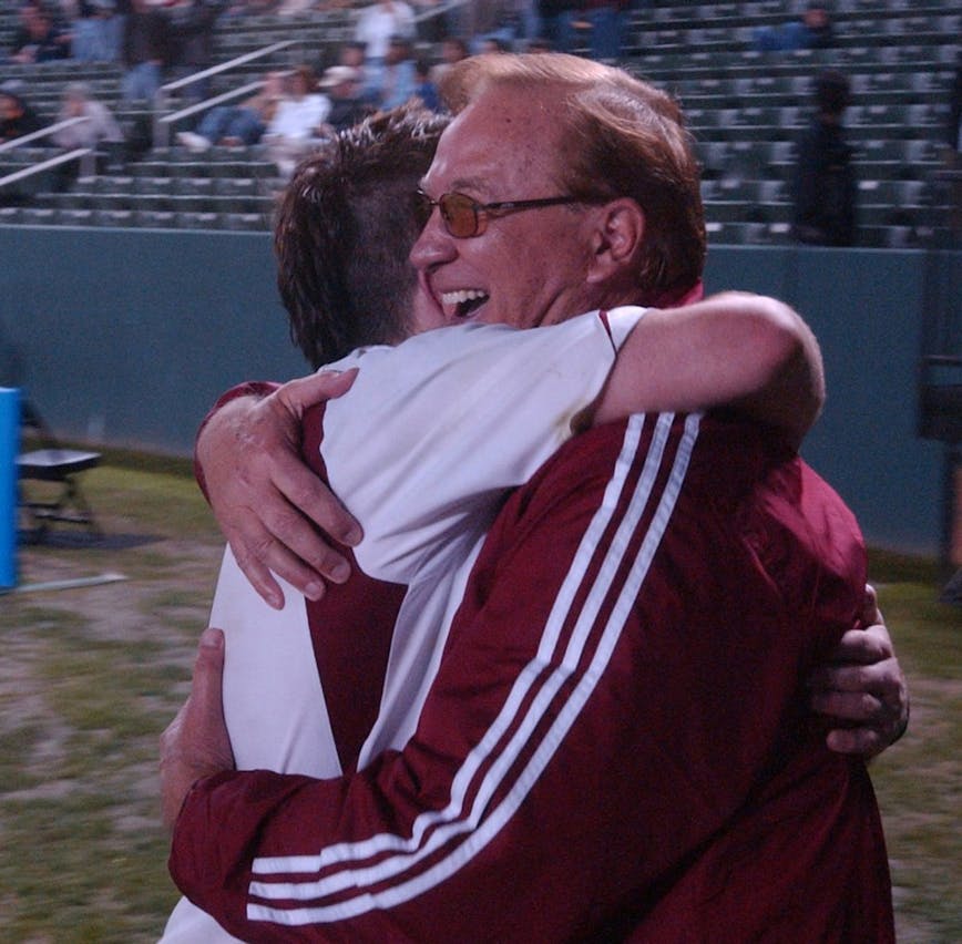 IU senior midfielder Danny O'Rourke hugs former IU Coach Jerry Yeagley after IU defeated the University of California at Santa Barbara in the 2004 NCAA College Cup Final at the StubHub Center, then known as the Home Depot Center, in Carson, California. It was the first time IU won a national title without Yeagley as head coach. &nbsp;&nbsp;&nbsp;&nbsp;&nbsp;&nbsp;&nbsp;&nbsp;&nbsp;&nbsp;&nbsp;&nbsp;&nbsp;&nbsp;&nbsp;&nbsp;&nbsp;&nbsp;&nbsp;&nbsp;&nbsp;&nbsp;&nbsp;
