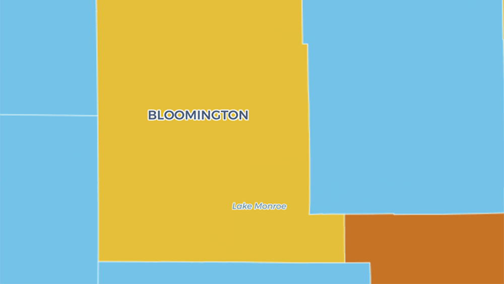 The Indiana Daily Student COVID-19 map shows Bloomington in yellow. Monroe County’s COVID-19 Advisory Level changed from blue to yellow last week, indicating increased cases per 100,000 residents and a higher positivity rate. 