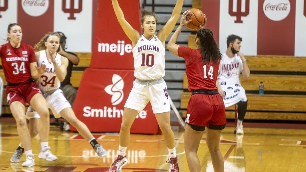 Then-junior forward Aleska Gulbe defends her opponent Dec. 20, 2020, at Simon Skjodt Assembly Hall during the Hoosiers’ matchup against Nebraska. Indiana defeated Minnesota 80-70 on Thursday night. CORRECTION: A previous version of this caption misstated the year that IU played Nebraska and the school year of the player.