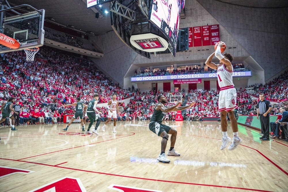 IU senior guard Rob Phinisee takes a jump shot in the second half of the game against Eastern Michigan University on Nov. 9, 2021, at Assembly Hall. Indiana had 25 turnovers in the loss Tuesday at Syracuse. 