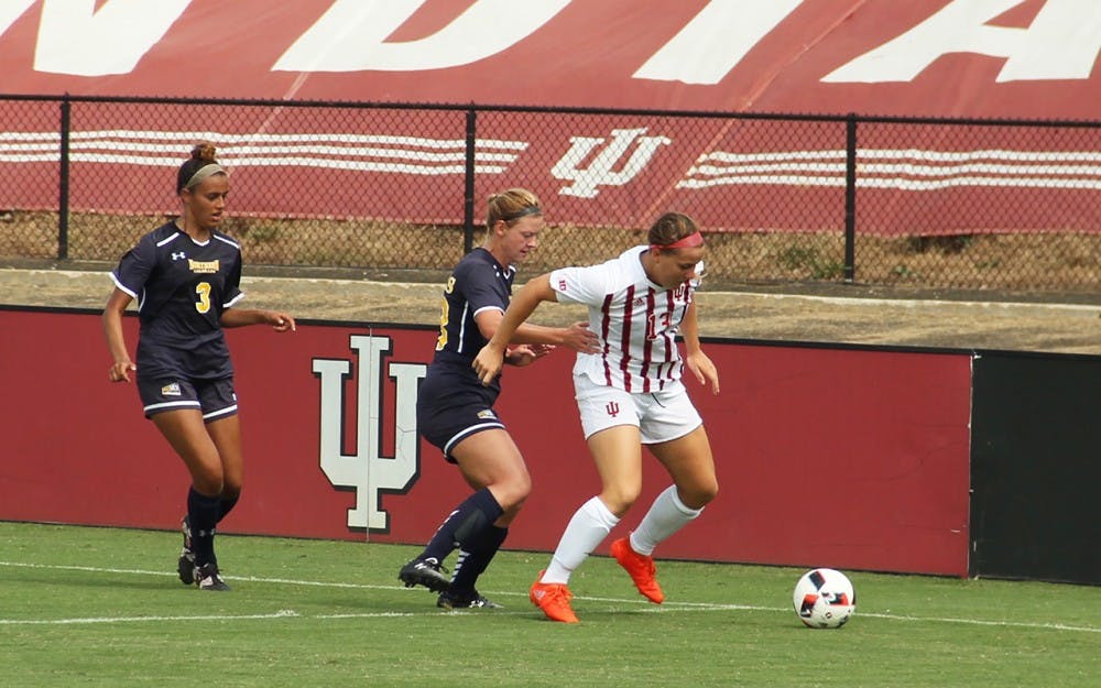 Indiana University Women Soccer (IUWS) Forward, Maya Piper, defends the ball from the opponents, Northern Colorado Sunday at the Armstrong Stadium.