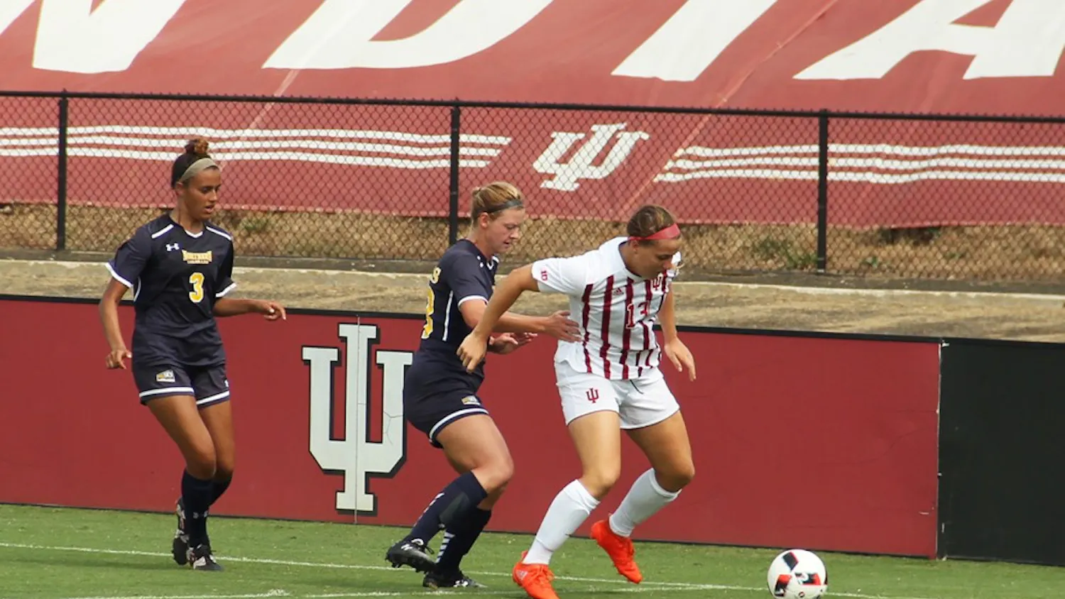 Indiana University Women Soccer (IUWS) Forward, Maya Piper, defends the ball from the opponents, Northern Colorado Sunday at the Armstrong Stadium.