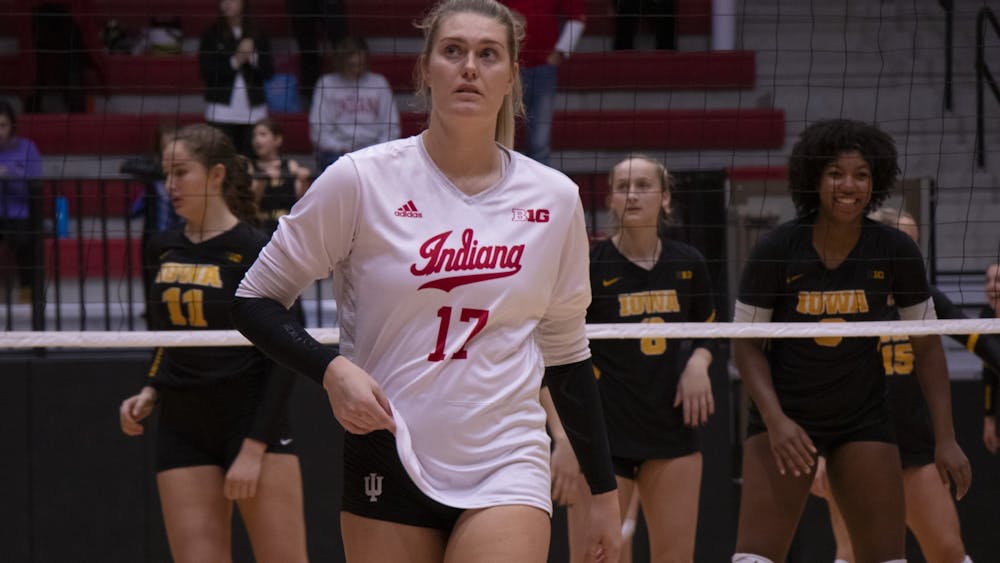 Outside hitter Kendall Beerman returns to her position during the fifth set against Iowa on Oct. 26 at Wilkinson Hall. IU lost to No. 4 Wisconsin on Sunday, extending its losing streak to eight matches.