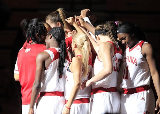 The IU women's basketball team huddles with Coach Teri Moren before facing Southern University. The Hoosiers play at Michigan State on Saturday at 4 p.m.